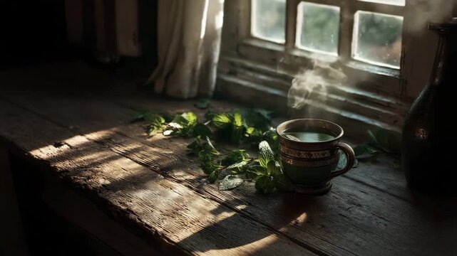 A steaming cup of tea rests on a rustic wooden surface beside fresh mint on a sunny window sill