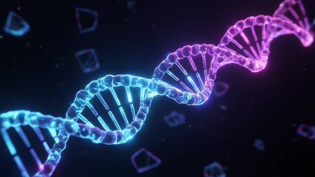 Extreme Macro Close-Up of Glowing DNA Double Helix Structure Rotating Slowly