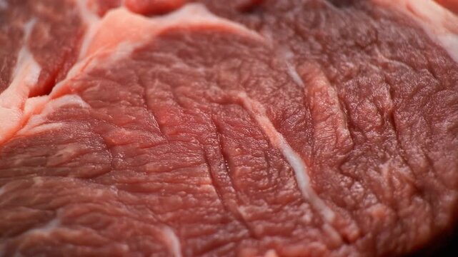Macro Close-Up of Raw Beef Texture with Visible Marbling and Meat Fibers