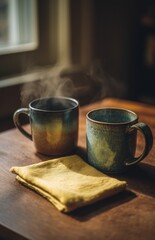 Two steaming ceramic mugs on wooden table with napkin