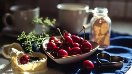 Fresh cherries in bowl with heart cookie cutter on table