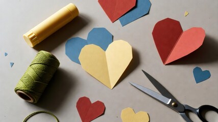 DIY paper hearts with scissors and craft supplies flat lay