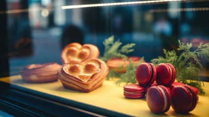 Bakery display with red macarons and heart shaped pastry