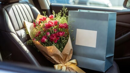 Bouquet and gift bag on car seat with blank label