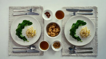 Minimal Table Setting for Two With Greens Sprouts and Tea