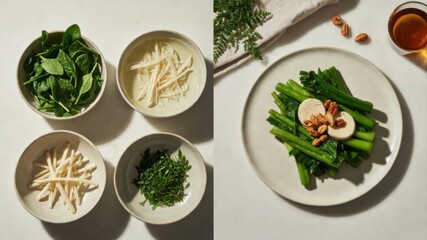 Tofu and Green Vegetable Salad With Nuts in Minimal Flat Lay