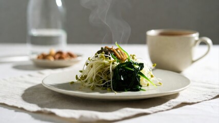 Steaming Bean Sprouts and Spinach Side Dish on Plate