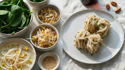 Rice noodle salad prep with spinach bean sprouts and sesame