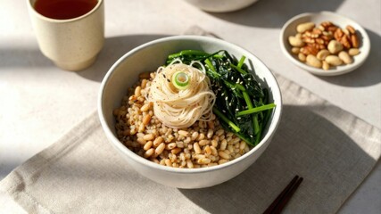 Mixed grain bowl with greens noodle nest and pine nuts