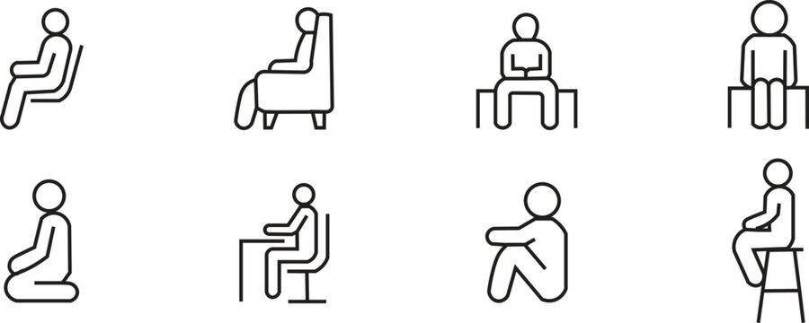 A collection of eight line art icons depicting various sitting postures and positions of people on different types of furniture and surfaces.