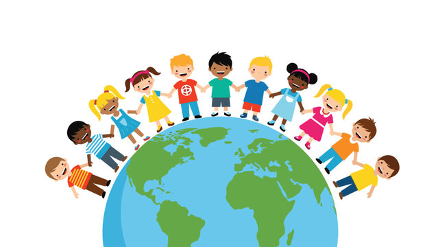 Group of happy diverse children from around the world holding hands and standing on top of planet earth to represent global peace and unity for kids.