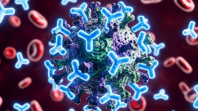 Antibodies Neutralizing Virus During Immune Response as Glowing Proteins Block Infection in Cinematic Microscopic Medical Scene