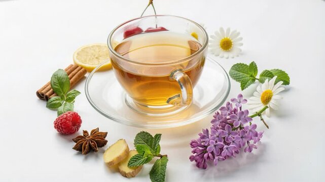 Glass cup of herbal tea arranged with fresh herbs fruits spices lemon slice cherries ginger star anise cinnamon sticks and lilac flowers on clean white surface with ample space for text and product pl