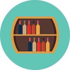 Minimalist vector illustration set of colorful pencils and books on a wooden shelf alongside an icon collection of wine, beer, and cocktail bottles for a bar or restaurant design