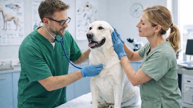 Young veterinarian and assistant checking dog in vet clinic.
