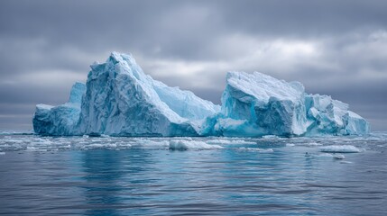 Majestic Iceberg Floating in Arctic Waters Under Cloudy Sky.