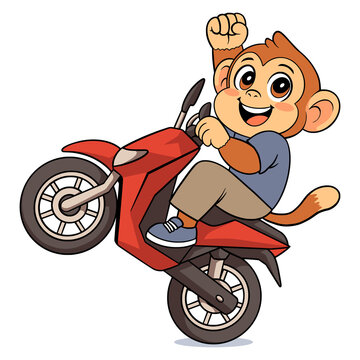 A cartoon monkey riding a red motorcycle with one wheel in the air, performing a stunt on a road