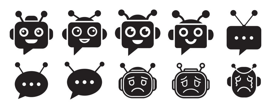 Robot head avatars with various facial expressions silhouette icons. vector illustration eps 10