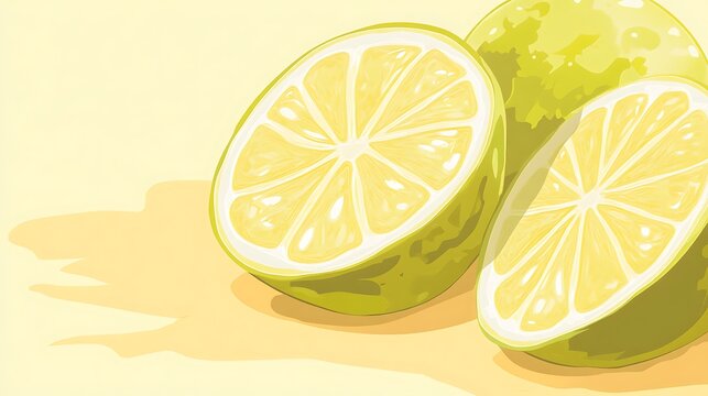 Vibrant illustration featuring cross-section views of ripe, juicy green limes or lemons against a subtly shaded yellow background texture