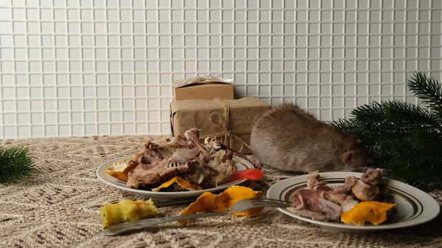A brown gray rat eating remains  the meal.
