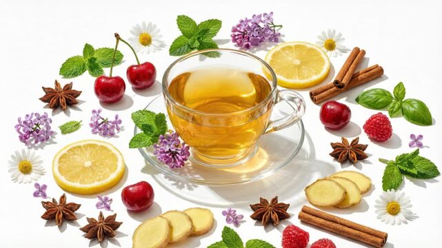 Cup of herbal tea presented with citrus, warming spices, fresh herbs and berries on clean white background with available space for text. Arrangement evokes freshness and natural flavors for culinary 