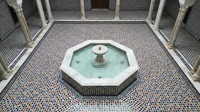 Traditional Moroccan riad courtyard with octagonal marble fountain. Intricate zellij tilework and carved plaster arches. Islamic architecture and heritage concept