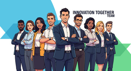 Obraz premium Diverse and united business team standing together, ready for success and collaboration, embodying innovation and professional achievement in a modern corporate setting