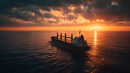 Fototapeta premium Cargo Ship Sailing on Calm Ocean During Dramatic Sunset.