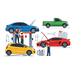 Naklejka premium Car Repair Service: Mechanics Fixing Vehicles on Lift & Ground