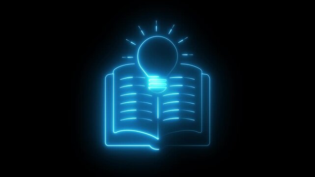 Neon Open Book with Light Bulb Online Learning Knowledge and Education Idea icon animation on black background .4k motion video animation.