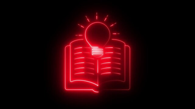 Neon Open Book with Light Bulb Online Learning Knowledge and Education Idea icon animation on black background .4k motion video animation.