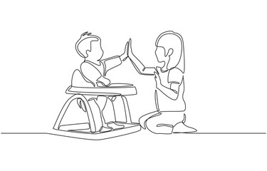 Fototapeta premium Continuous one line drawing of older sister and her sibling in baby walker sharing high five gesture, capturing bonding, encouragement, and childhood interaction, single line art.