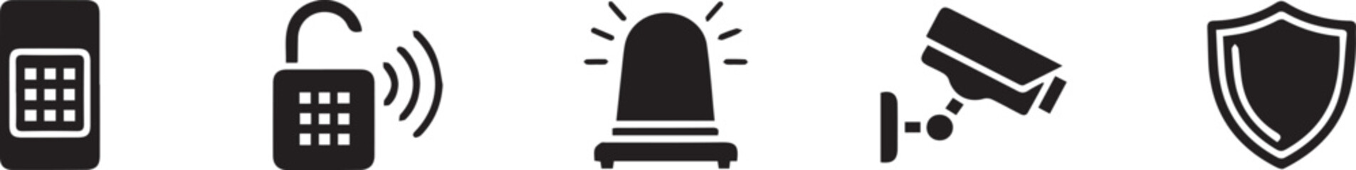 Security icons set including phone, lock, alarm, camera, shield on white