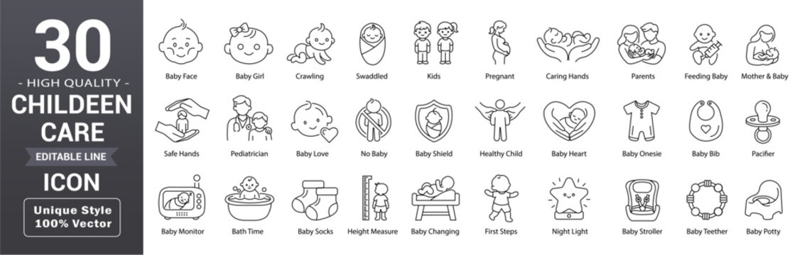 Children care line icon set. Including editable outline baby, kid, parenthood, mother, care and more collection. Editable stroke. Vector illustration