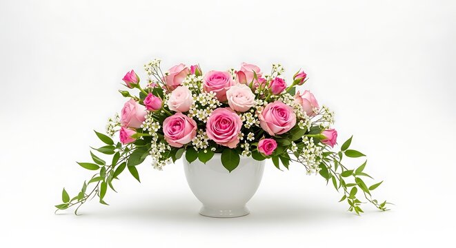Beautiful floral arrangement with pink roses in white vase creating a serene ambiance with greenery and baby's breath