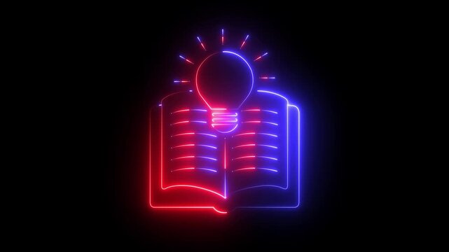 Neon Open Book with Light Bulb Online Learning Knowledge and Education Idea icon animation on black background .4k motion video animation.