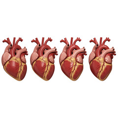 Anatomical illustration of four human heart organs in a row. Transparent background.