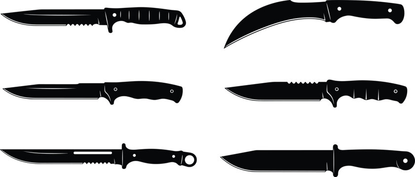 Tactical knife silhouettes set hunting survival blade weapon icons vector illustration collection outdoor equipment design elements