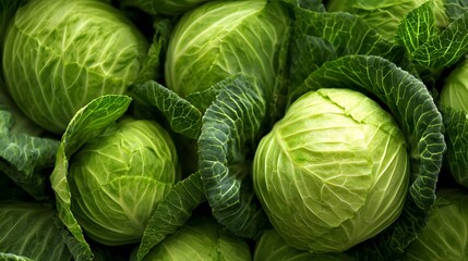 Fototapeta premium Fresh Green Cabbage Heads Close Up Healthy Vegetable Food.