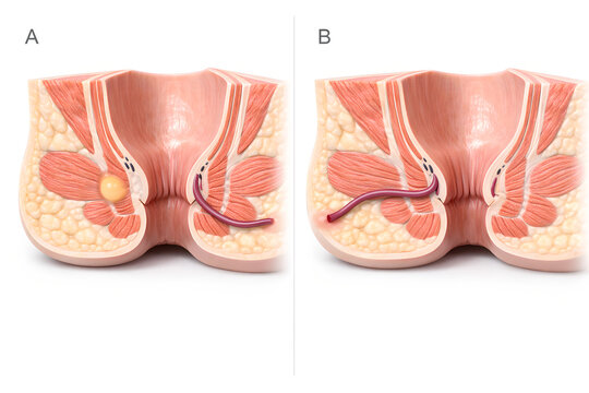 Photorealistic 3D anatomical cutaway of lower pelvis showing the anal canal and surrounding sphincter complex with anal fistula tract: thin tunnel-like pathway from anal canal to small external skin