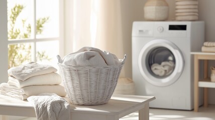 Modern laundry space featuring neatly folded towels beside a washing machine, cleanliness, home comfort