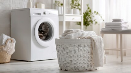 Modern laundry space featuring neatly folded towels beside a washing machine, cleanliness, home comfort
