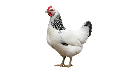 Fototapeta premium White hen with black speckled feathers and red comb, side view, isolated on white, Generative Ai