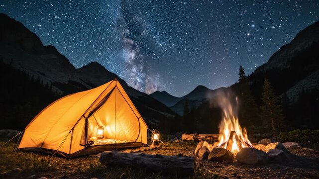 Camping under starry night sky. Bright tent surrounded by glowing campfire. Peaceful atmosphere invites relaxation and adventure in nature. Experience beauty of outdoor camping.