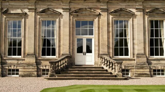 Symmetrical view of a historic stone manor house entrance. Classical architecture with large windows and stone steps. English estate exterior