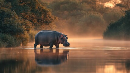 Hippo calmly walking through shallow water at sunrise.