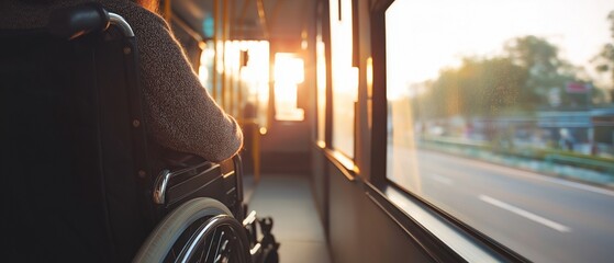 A disabled person using public transportation while seated in a wheelchair and looking out the window.