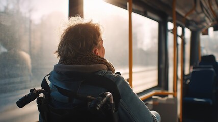 A disabled person using public transportation while seated in a wheelchair and looking out the window.