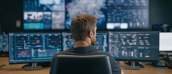 A professional IT specialist seen from behind analyzing complex data and code in a control room, representing cybersecurity, network monitoring