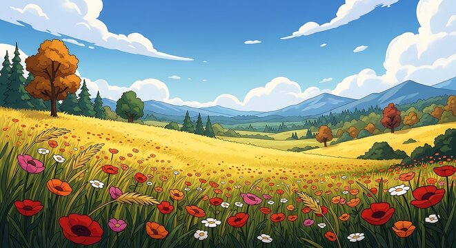Vibrant poppy field landscape with rolling hills trees and mountains under a sunny blue sky with fluffy clouds